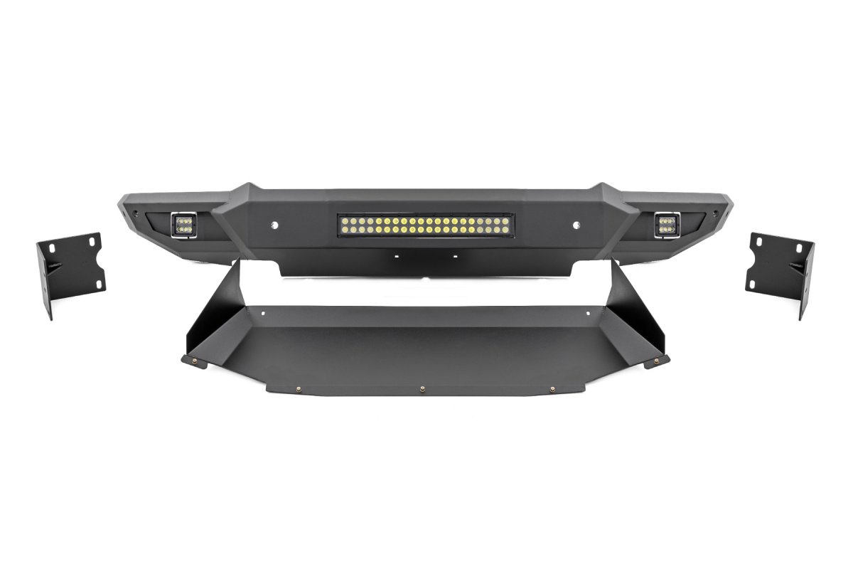 Ram 1500 Front Bumper - Rough Country - High Clearance with Skid Plate and LED Lights - Flat Black - '19-'23